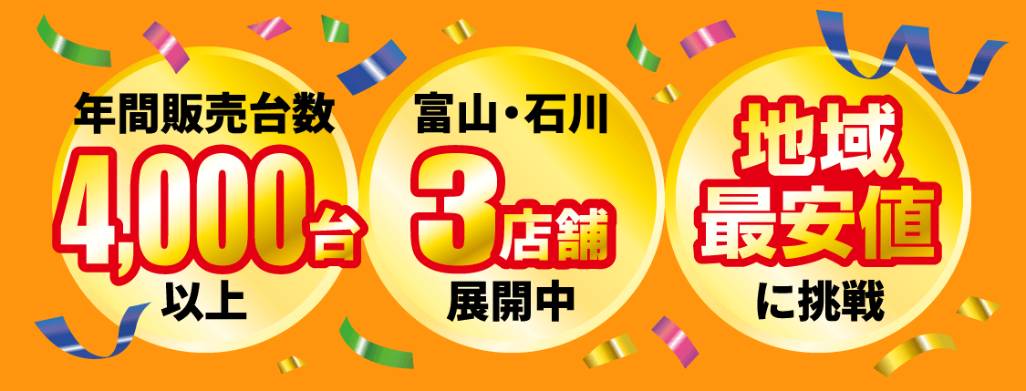 年間販売台数4000台以上富山・石川3店舗展開中地域最安値に挑戦